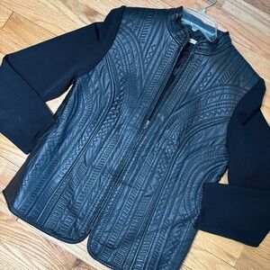 Peter Nygard Quilted Genuine Leather & Knit Mixed Media Zip-Front Jacket Black M